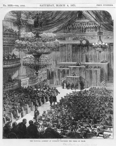 Die Nationalversammlung in Bordeaux diskutiert die Friedensbedingungen, 4. März 1871 (bw Gravur) von English School